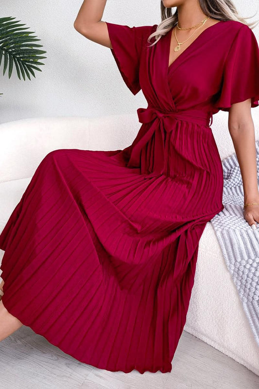 WOMEN CAPE SLEEVE TIED WAIST PLEATED LONG DRESS - Doublju