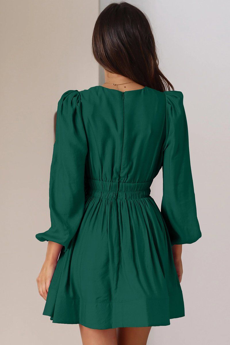 WOMEN SEXY DEEP V NECK LONG SLEEVE MINI DRESS