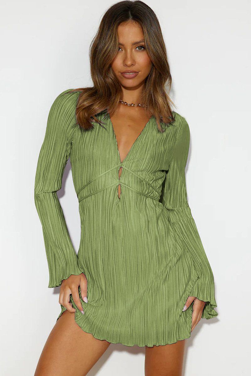 LACE UP FLARED SLEEVE SEXY MINI DRESS