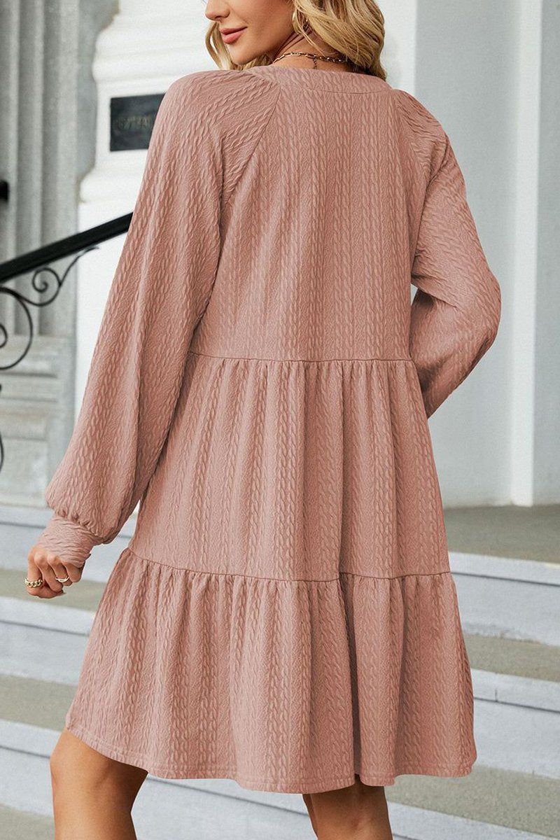 WOMEN V NECK RUFFLED CAKE LONG SLEEVE DRESS