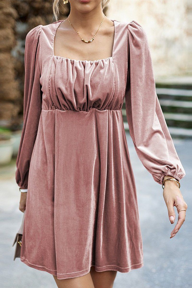 VELVET SQUARE NECK FLUTTER PUFF SLEEVE DRESS
