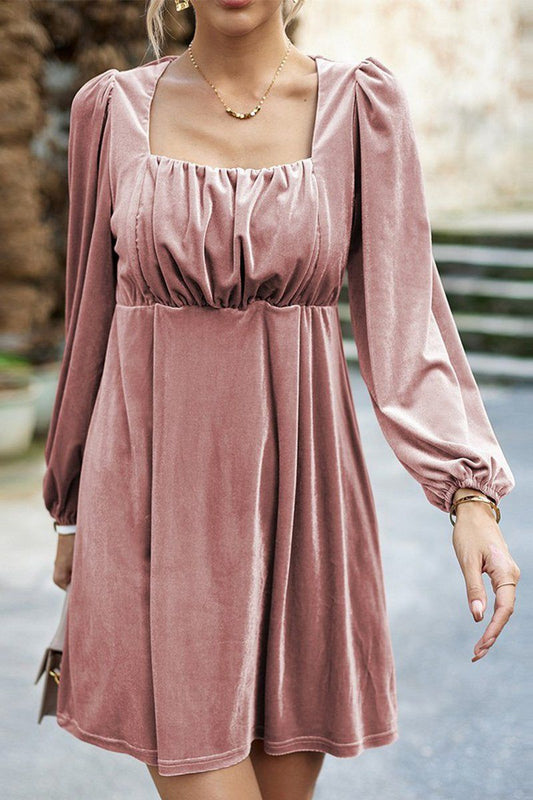 VELVET SQUARE NECK FLUTTER PUFF SLEEVE DRESS