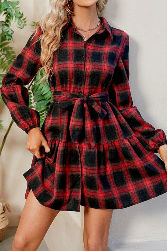WOMEN ELASTIC CUFF BUTTON UP PLAID SHIRTS DRESS