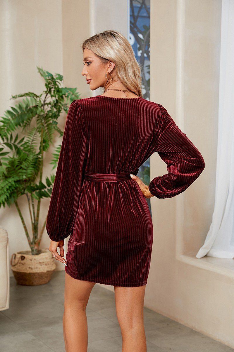VELVET CORDUROY BELTED CROSS WRAP MINI DRESS