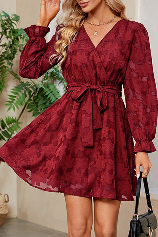 WOMEN FLORAL LACE TRIM BELTED FLOUNCE DRESS