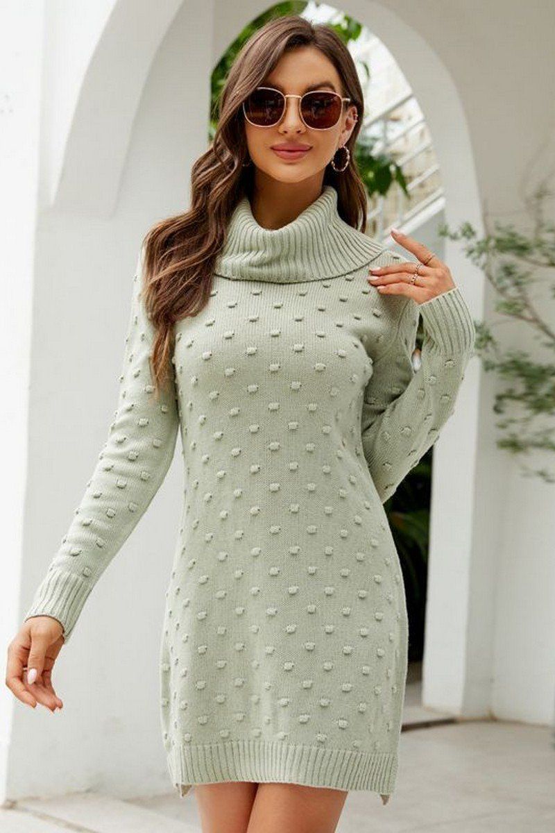 RIBBED HIGH TURTLE NECK SWISS DOT KNIT DRESS