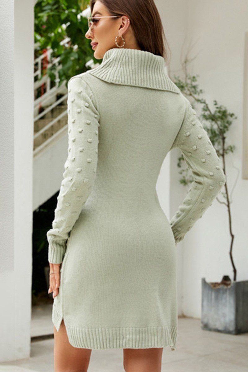 RIBBED HIGH TURTLE NECK SWISS DOT KNIT DRESS