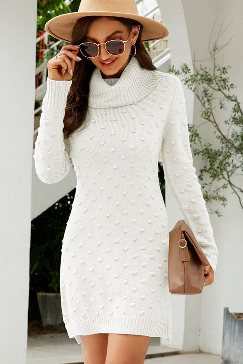RIBBED HIGH TURTLE NECK SWISS DOT KNIT DRESS