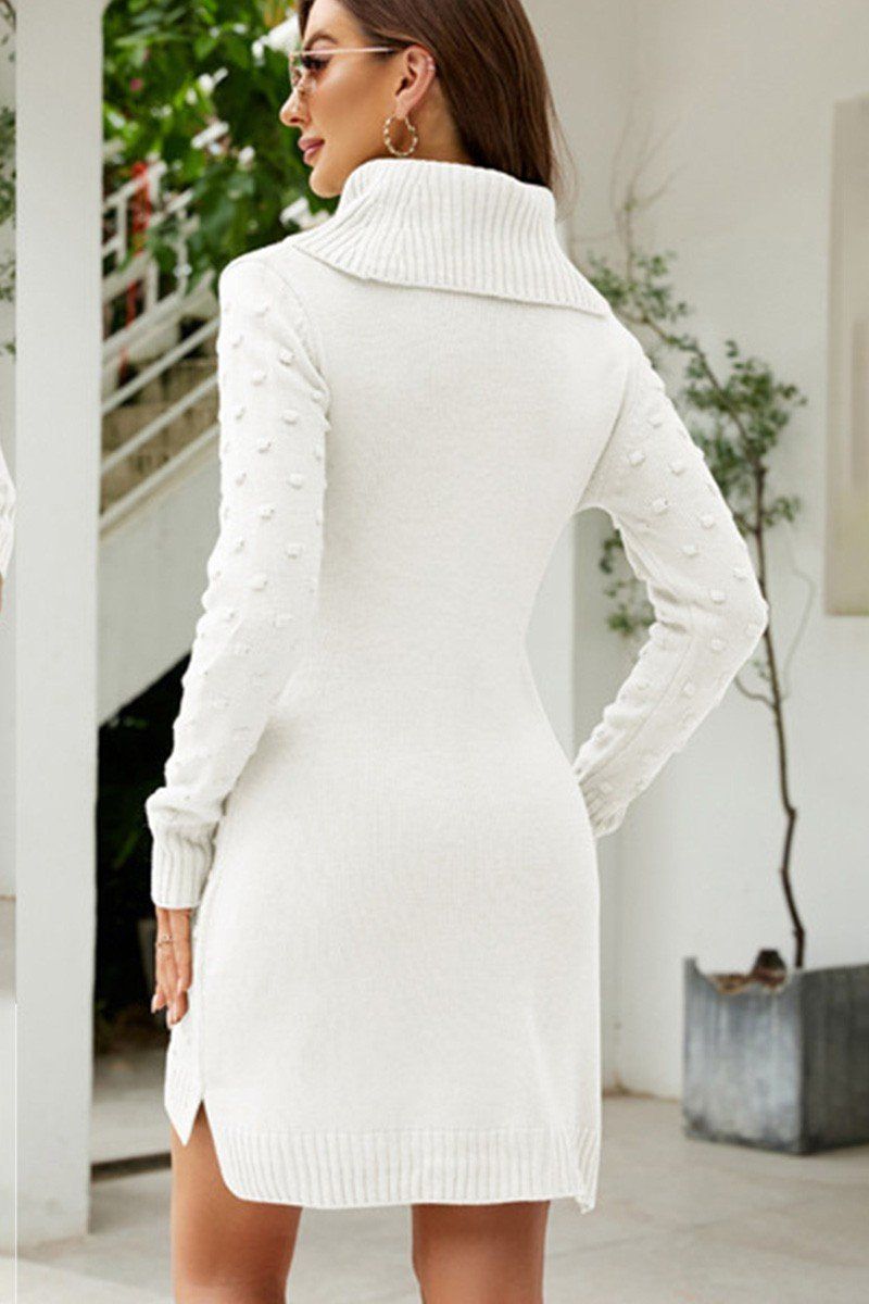 RIBBED HIGH TURTLE NECK SWISS DOT KNIT DRESS