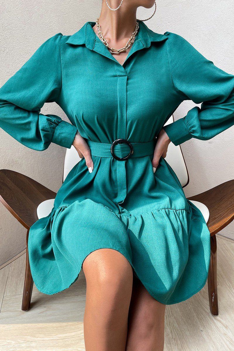 WOMEN BELTED BUTTON CUFF TIERED OFFICE DRESS