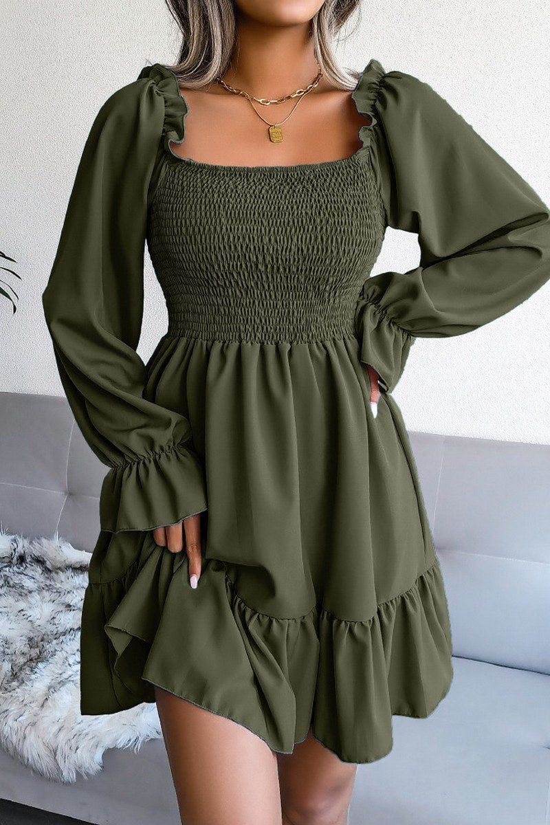 WOMEN SMOCKED FRILL SLEEVE LOOSE FIT RUFFLE DRESS