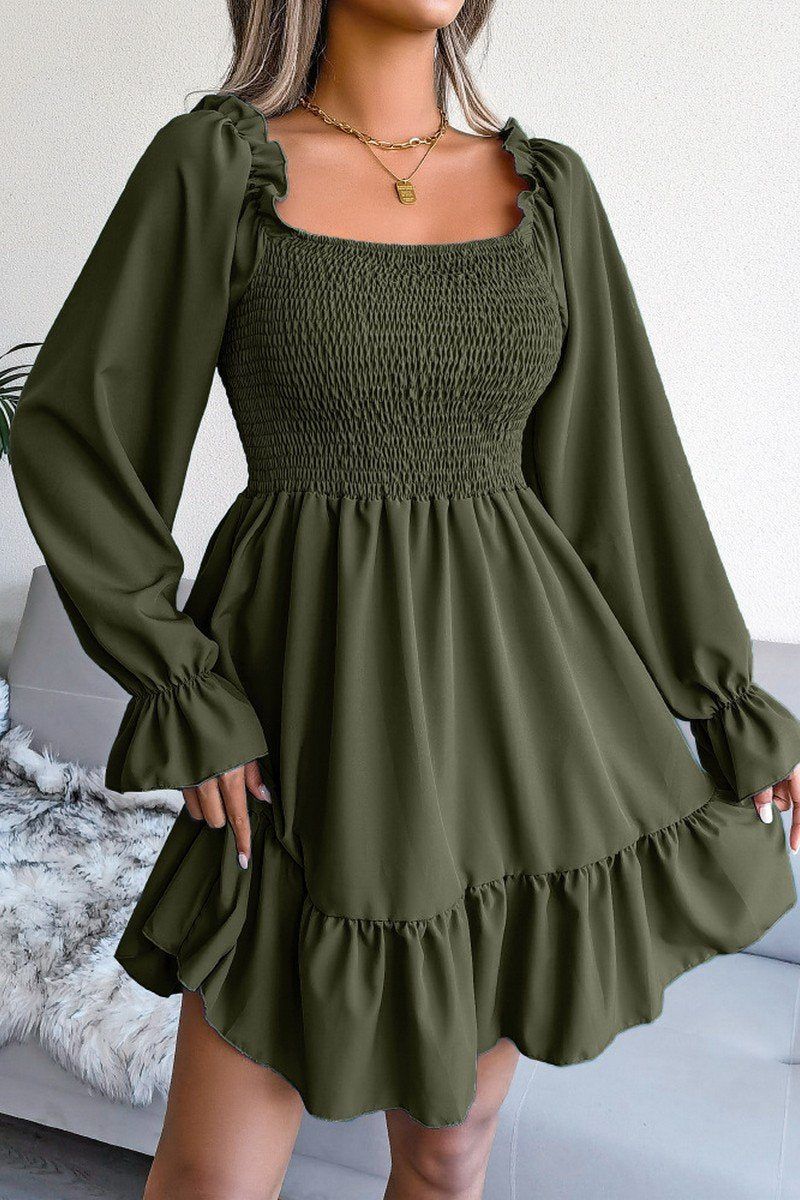 WOMEN SMOCKED FRILL SLEEVE LOOSE FIT RUFFLE DRESS