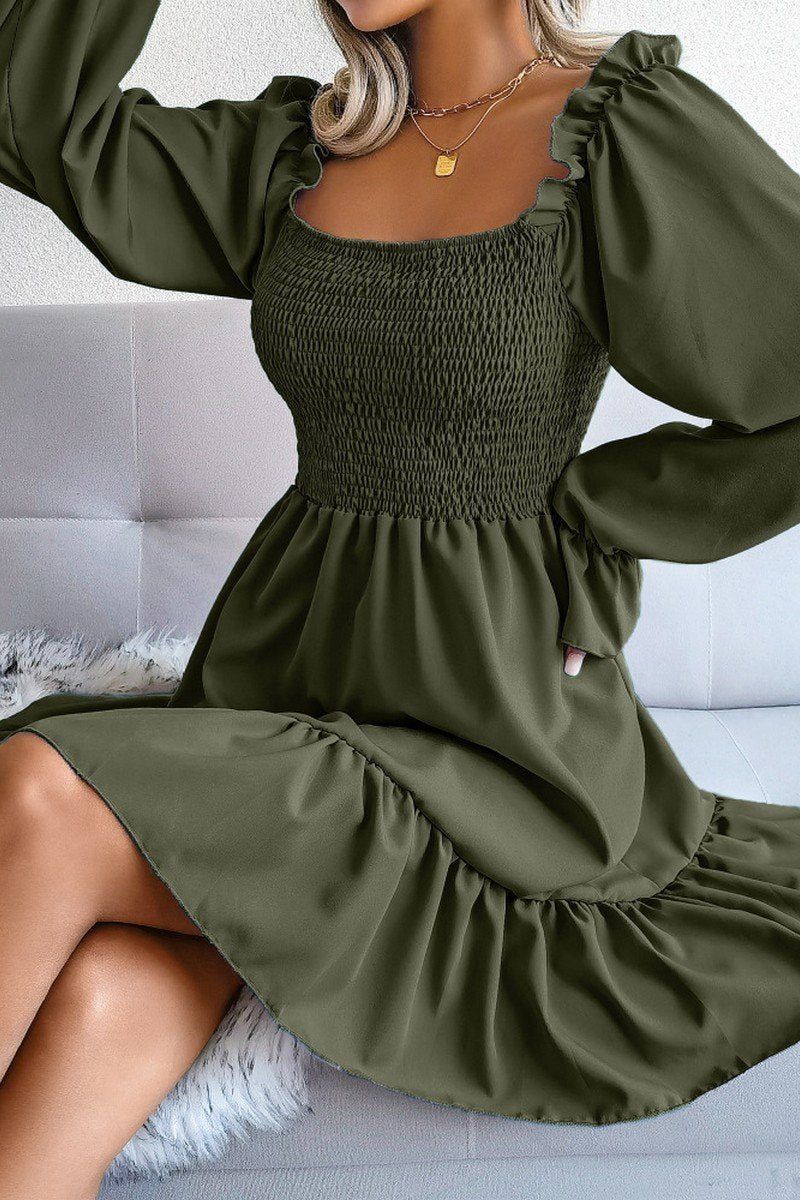 WOMEN SMOCKED FRILL SLEEVE LOOSE FIT RUFFLE DRESS