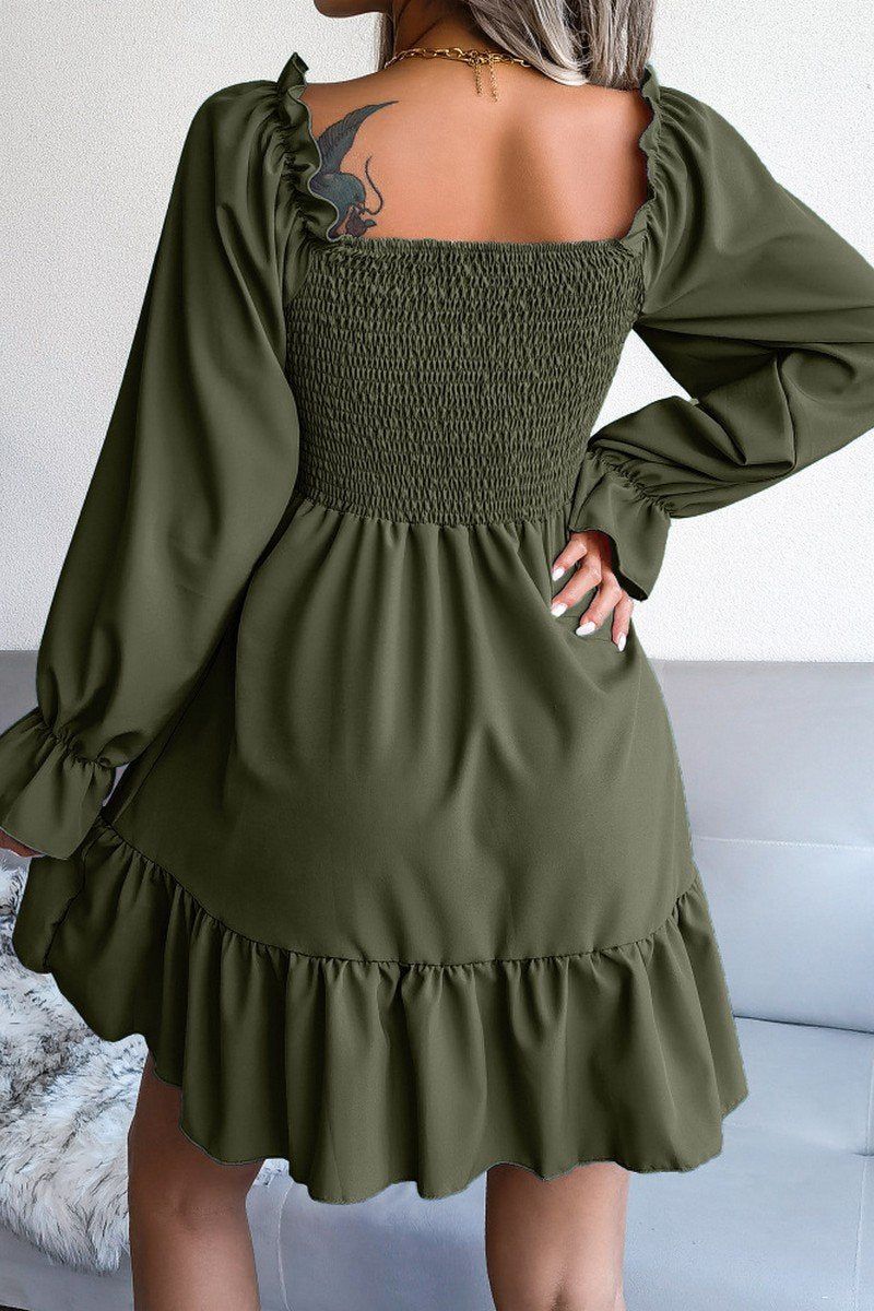 WOMEN SMOCKED FRILL SLEEVE LOOSE FIT RUFFLE DRESS