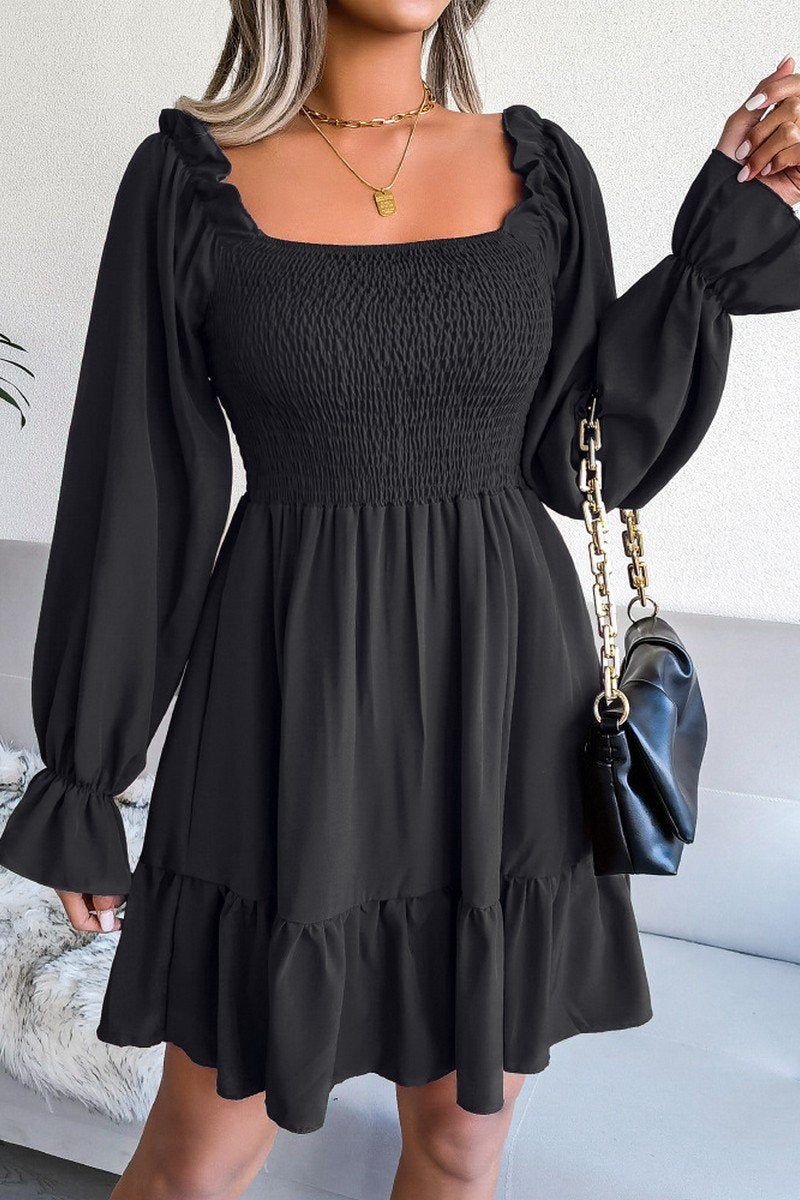 WOMEN SMOCKED FRILL SLEEVE LOOSE FIT RUFFLE DRESS