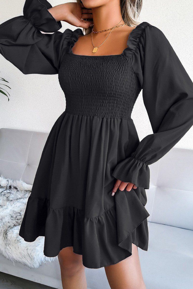 WOMEN SMOCKED FRILL SLEEVE LOOSE FIT RUFFLE DRESS
