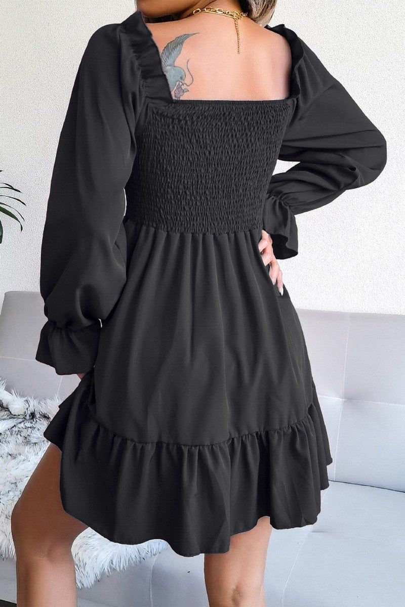 WOMEN SMOCKED FRILL SLEEVE LOOSE FIT RUFFLE DRESS