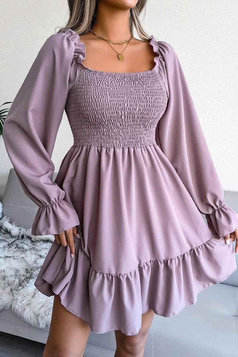 WOMEN SMOCKED FRILL SLEEVE LOOSE FIT RUFFLE DRESS