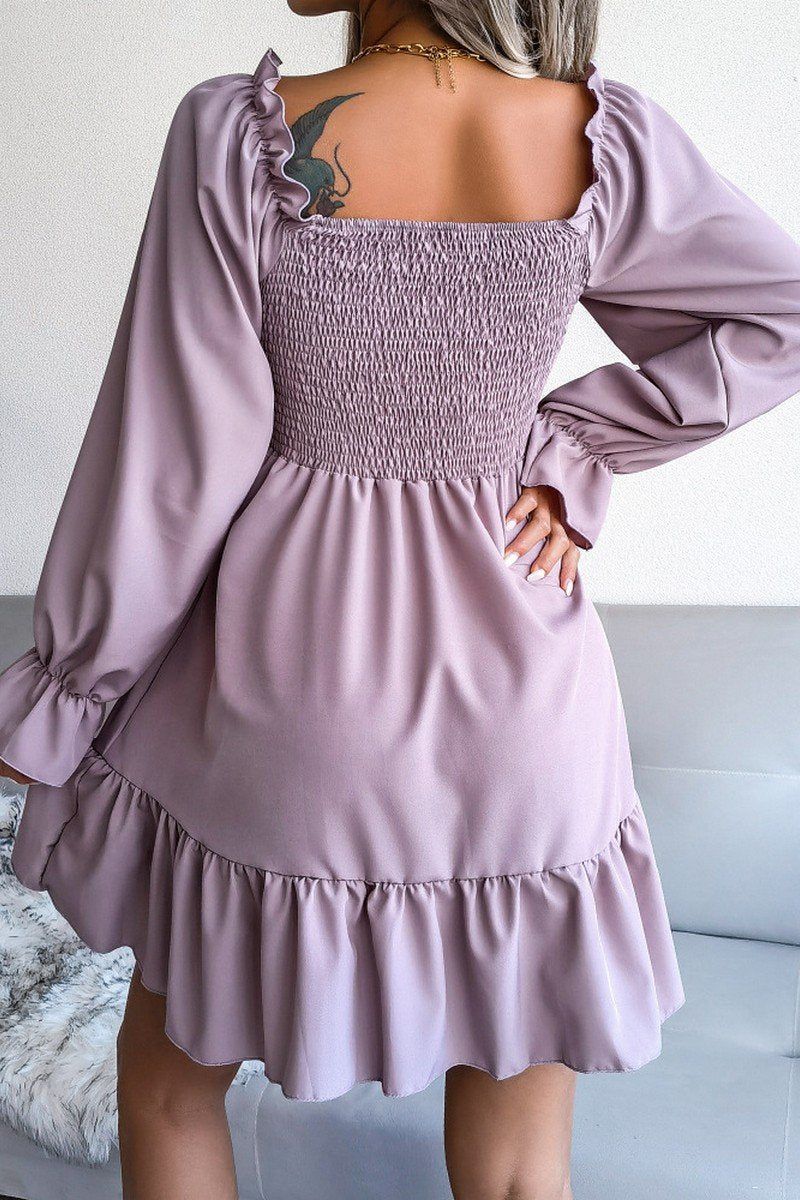 WOMEN SMOCKED FRILL SLEEVE LOOSE FIT RUFFLE DRESS