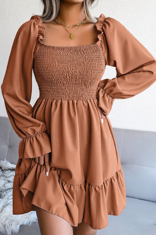 WOMEN SMOCKED FRILL SLEEVE LOOSE FIT RUFFLE DRESS