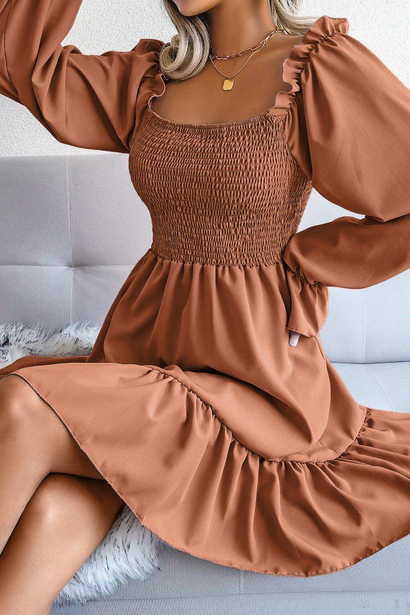 WOMEN SMOCKED FRILL SLEEVE LOOSE FIT RUFFLE DRESS