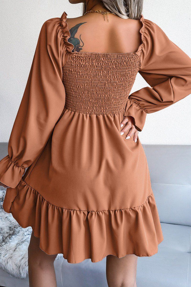 WOMEN SMOCKED FRILL SLEEVE LOOSE FIT RUFFLE DRESS