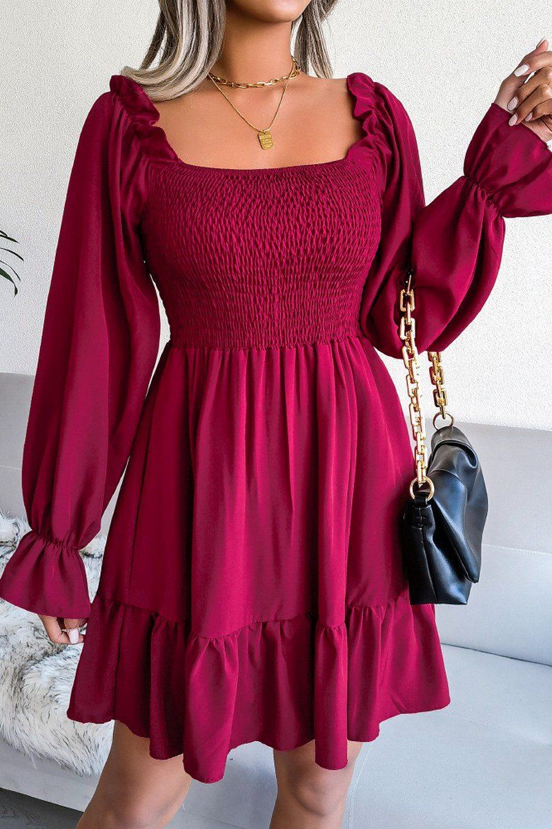 WOMEN SMOCKED FRILL SLEEVE LOOSE FIT RUFFLE DRESS