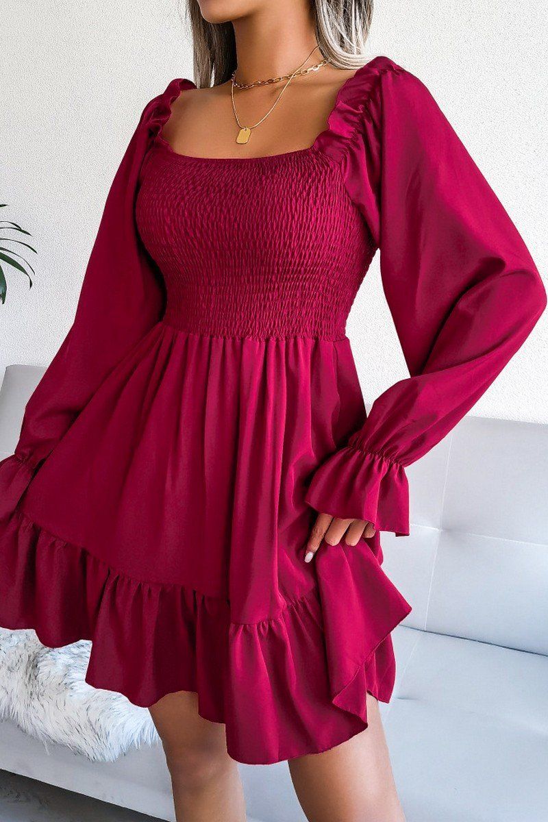 WOMEN SMOCKED FRILL SLEEVE LOOSE FIT RUFFLE DRESS