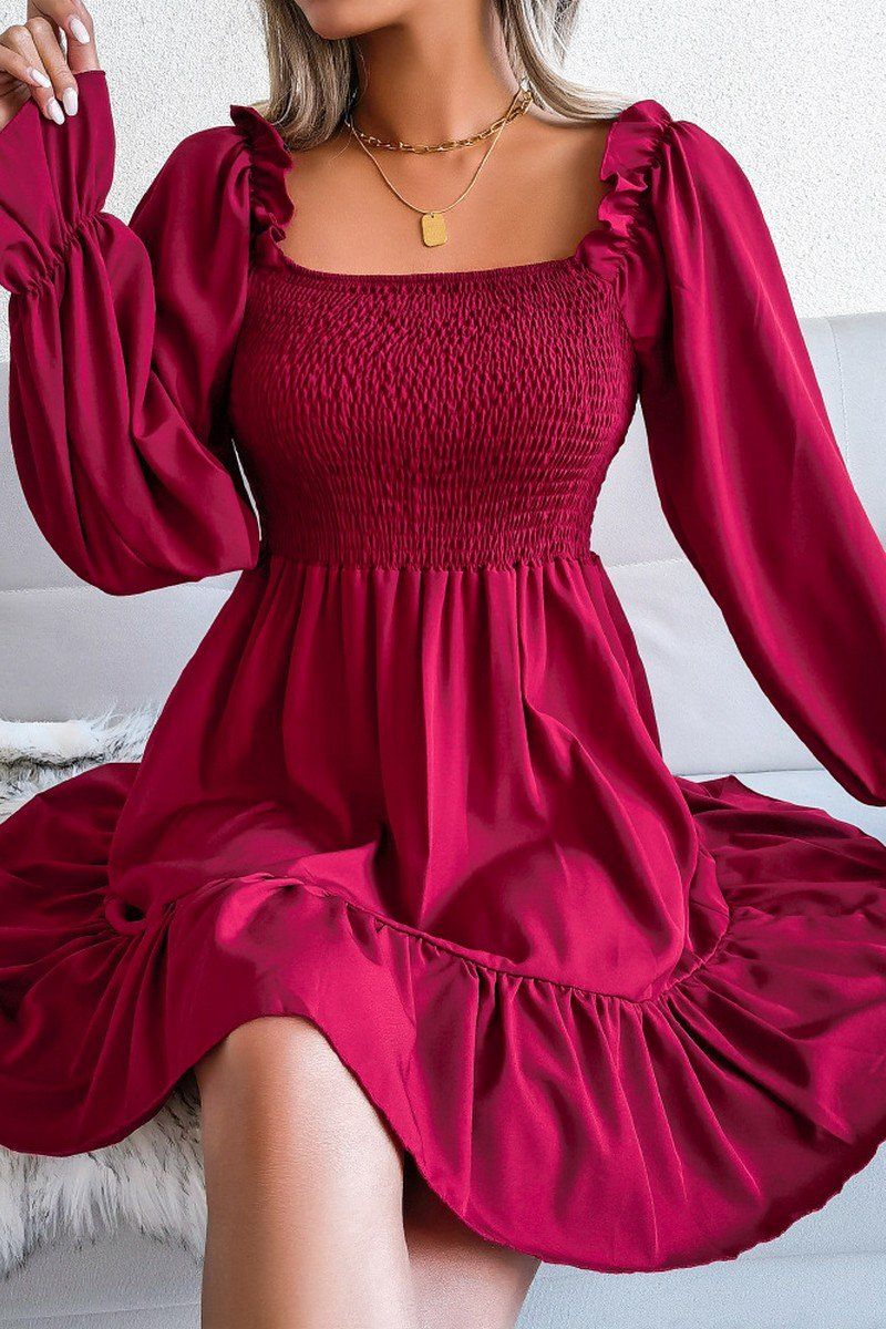 WOMEN SMOCKED FRILL SLEEVE LOOSE FIT RUFFLE DRESS