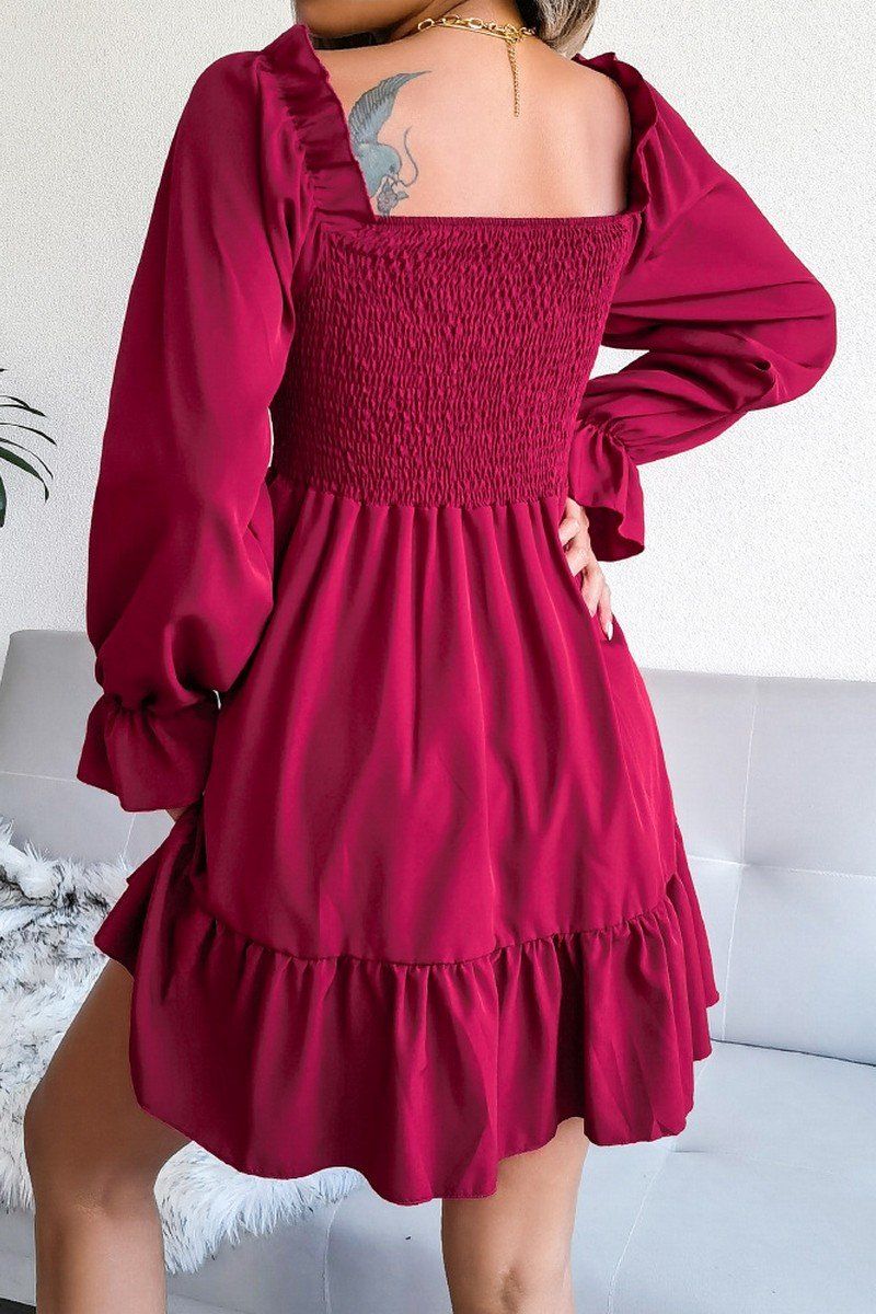 WOMEN SMOCKED FRILL SLEEVE LOOSE FIT RUFFLE DRESS