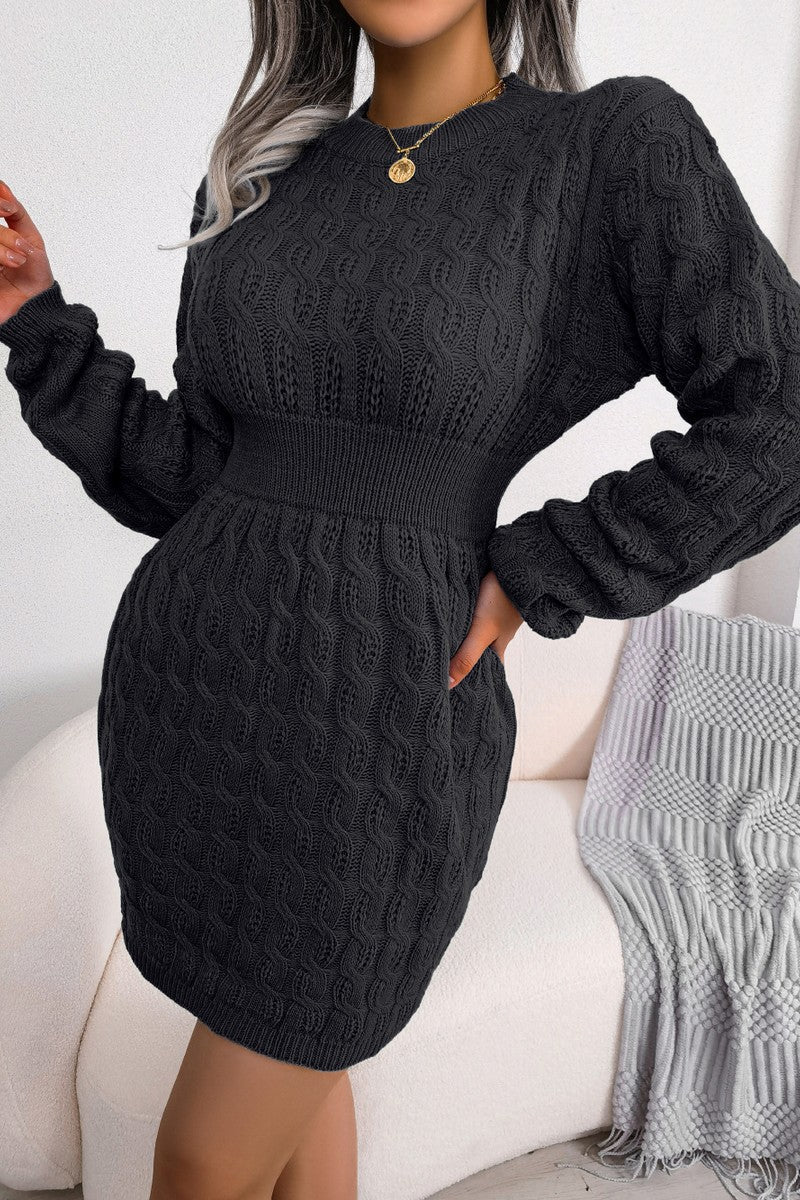 WOMEN TWISTED KNIT ELASTIC WAIST SWEAT DRESS