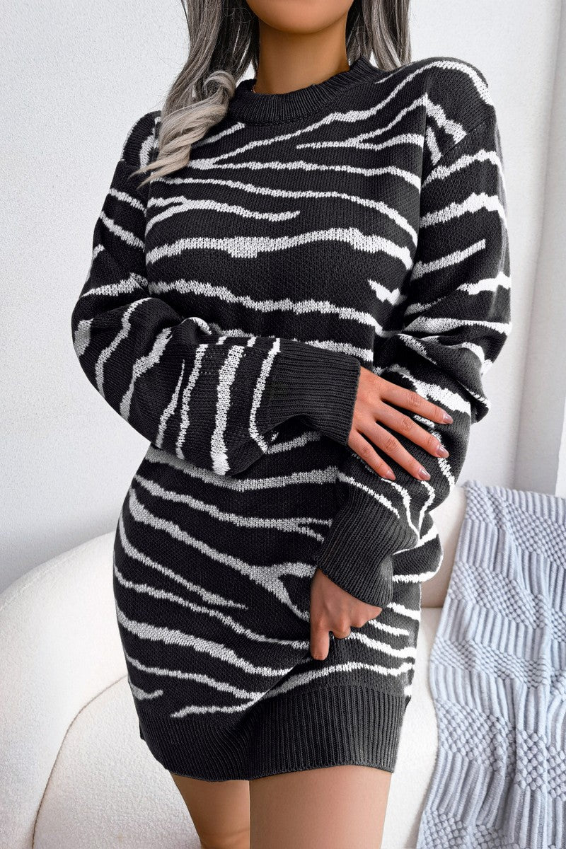 WOMEN ZEBRA PRINTING RIBBED KNIT MINI DRESS