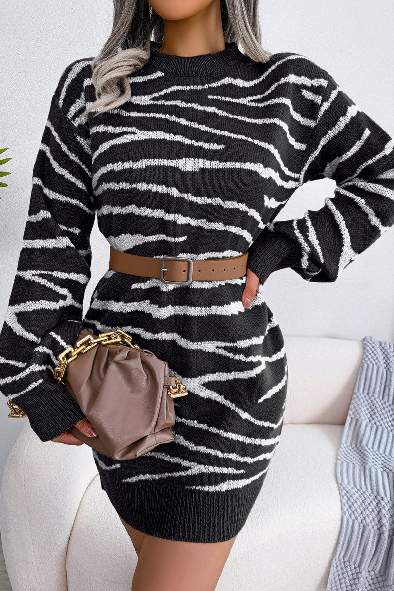 WOMEN ZEBRA PRINTING RIBBED KNIT MINI DRESS