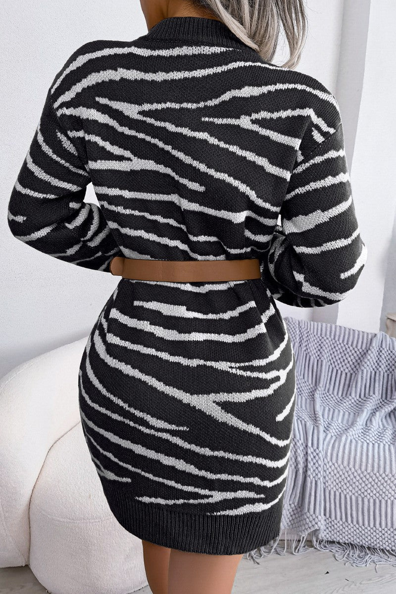 WOMEN ZEBRA PRINTING RIBBED KNIT MINI DRESS