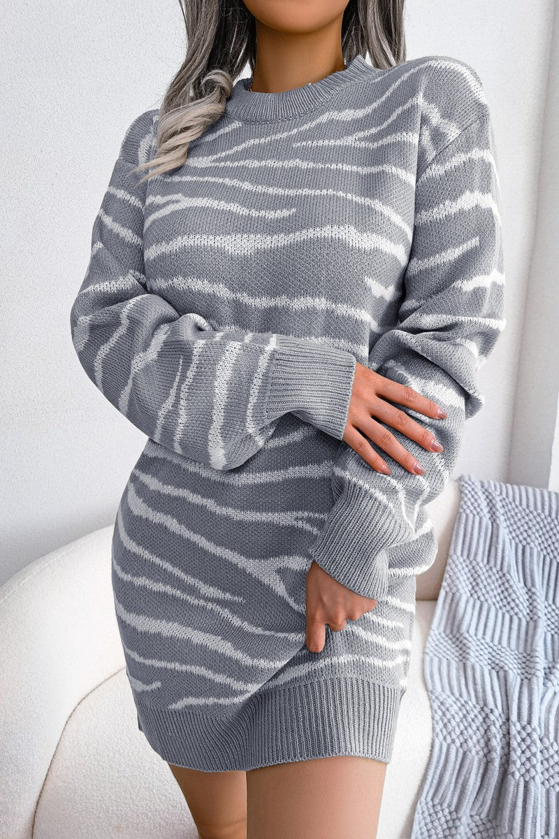 WOMEN ZEBRA PRINTING RIBBED KNIT MINI DRESS