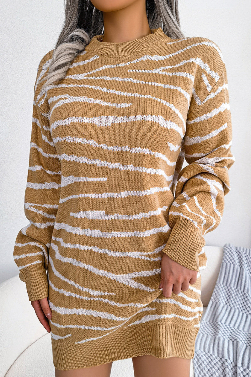 WOMEN ZEBRA PRINTING RIBBED KNIT MINI DRESS
