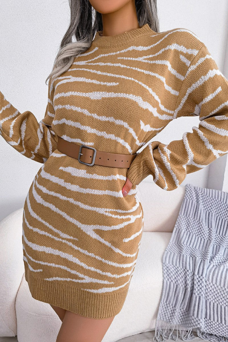 WOMEN ZEBRA PRINTING RIBBED KNIT MINI DRESS