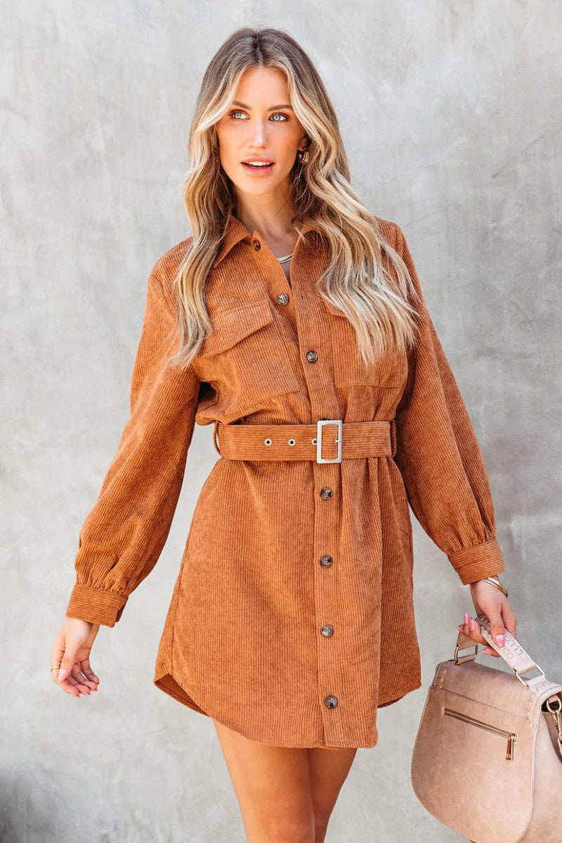 WOMEN BUTTON DOWN CORDUROY BELTED SHORT DRESS