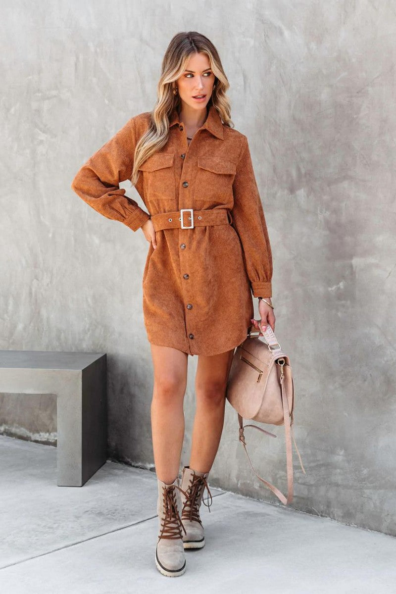 WOMEN BUTTON DOWN CORDUROY BELTED SHORT DRESS