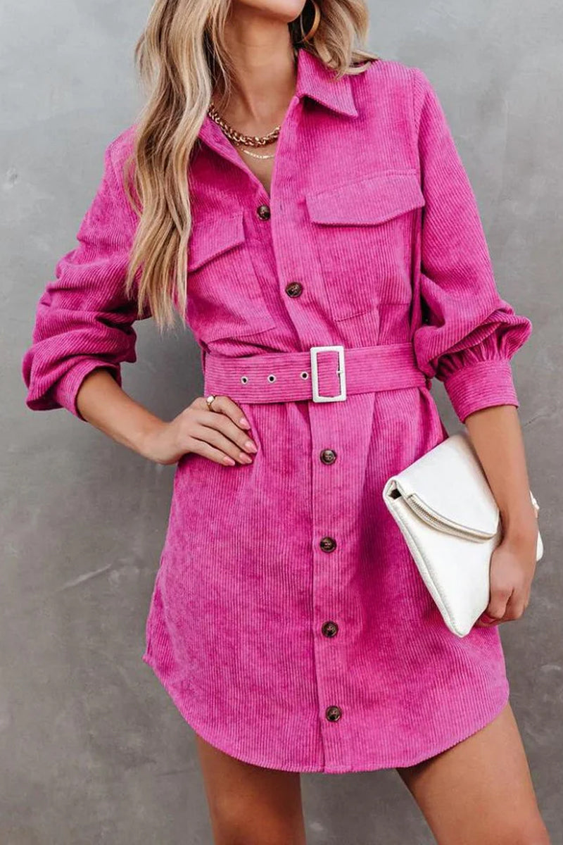 WOMEN BUTTON DOWN CORDUROY BELTED SHORT DRESS