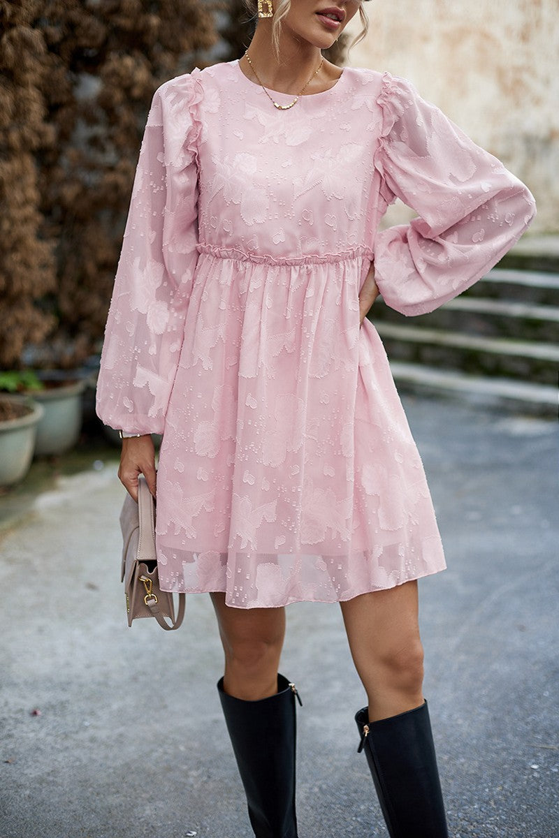 WOMEN LOOSE FIT LACE LONG SLEEVE CHIFFON DRESS