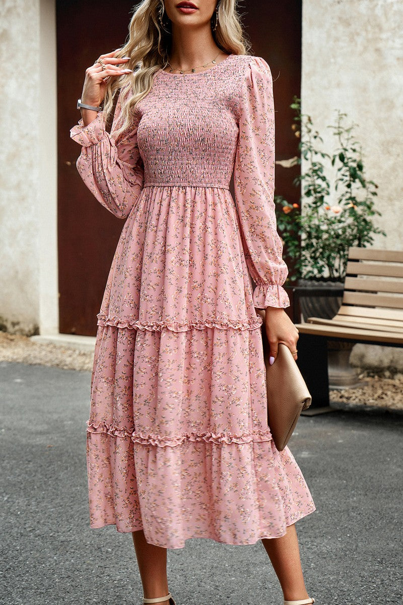 WOMEN SMOKING LONG SLEEVE TIERED LONG DRESS