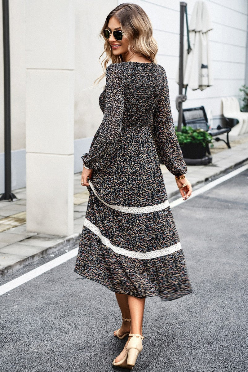 WOMEN LONG SLEEVE LACE TRIM MAXI FLORAL DRESS