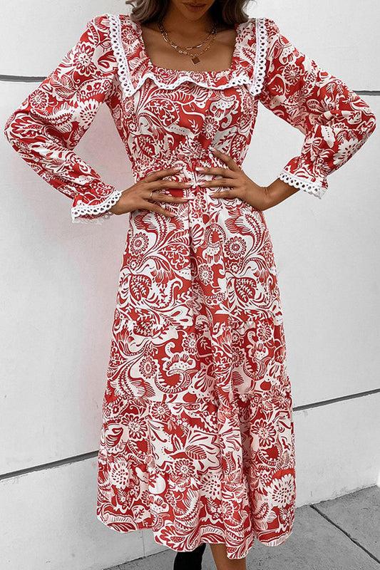 WOMEN LACE TRIM SQUARE NECK PATTERNED LONG DRESS