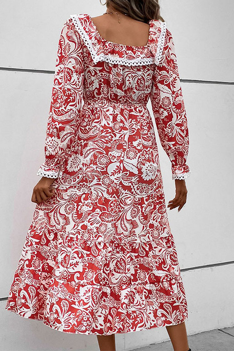 WOMEN LACE TRIM SQUARE NECK PATTERNED LONG DRESS