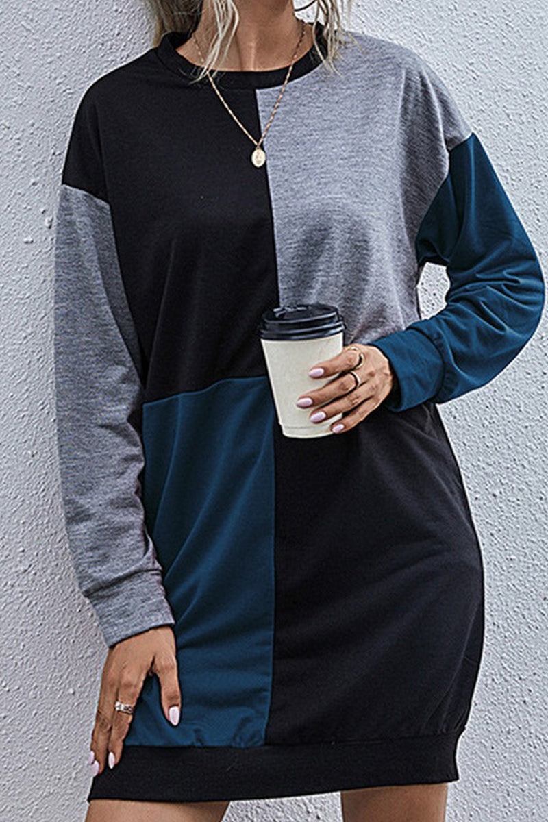 WOMEN LONG SLEEVE COLOR BLOCK CREW NECK DRESS