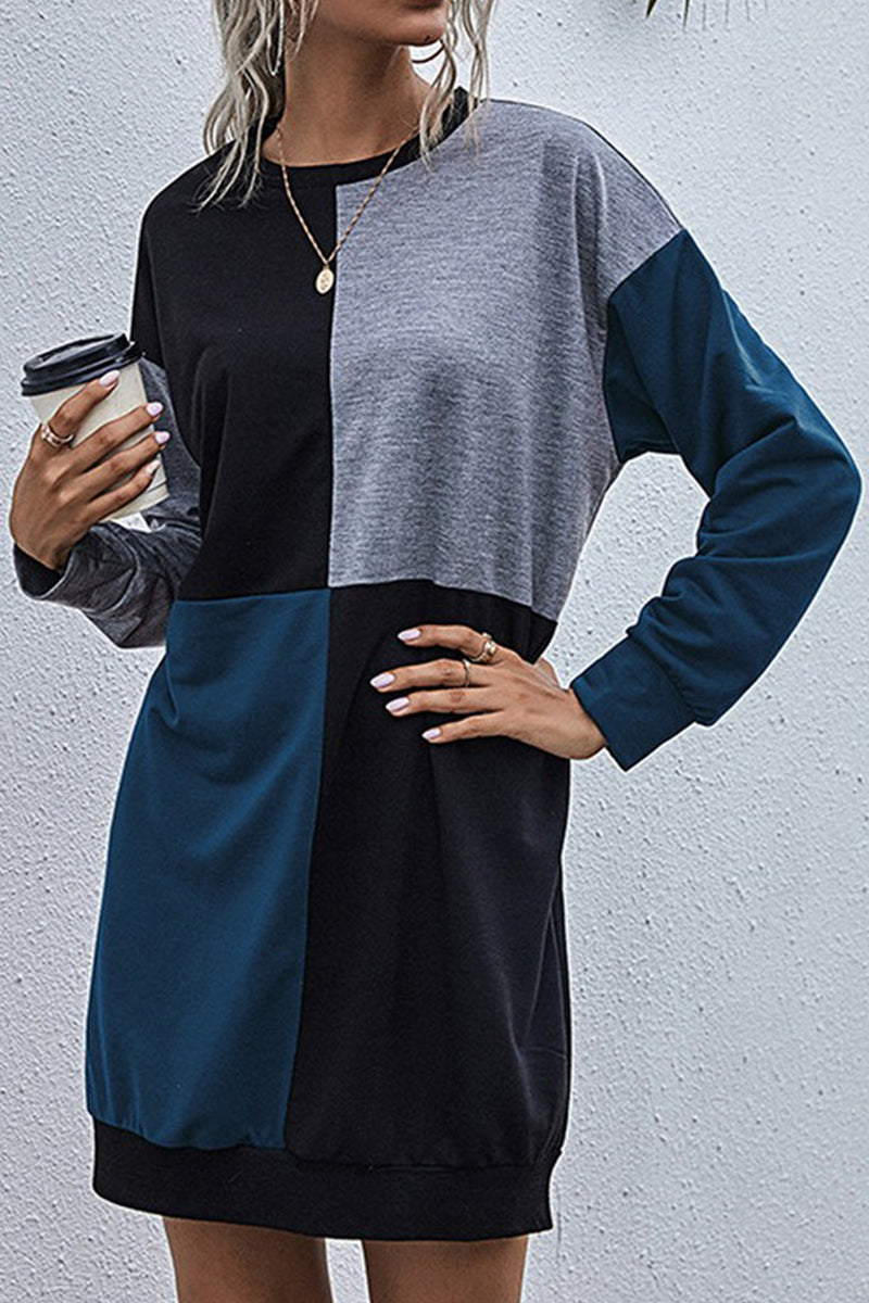 WOMEN LONG SLEEVE COLOR BLOCK CREW NECK DRESS