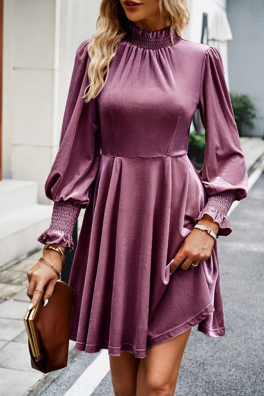 WOMEN HIGH RUFFLED NECK LONG SLEEVE SHORT DRESS