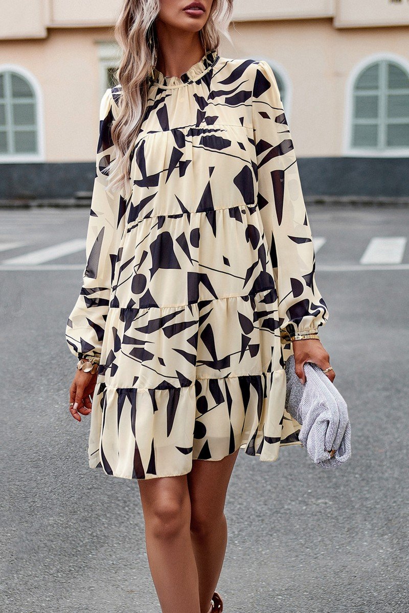 WOMEN HIGH NECK LONG SLEEVE FLORAL PATTERN DRESS