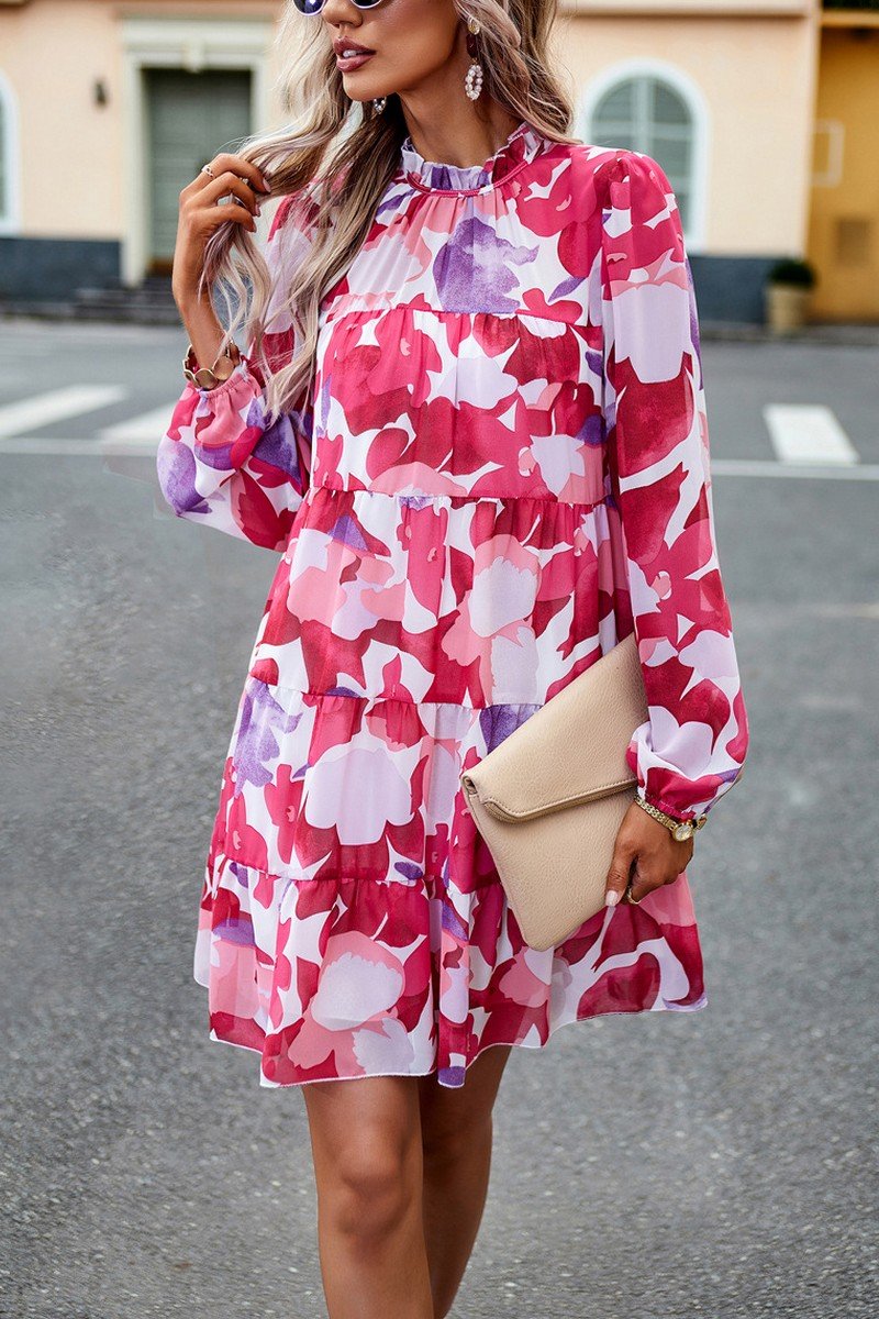 WOMEN HIGH NECK LONG SLEEVE FLORAL PATTERN DRESS